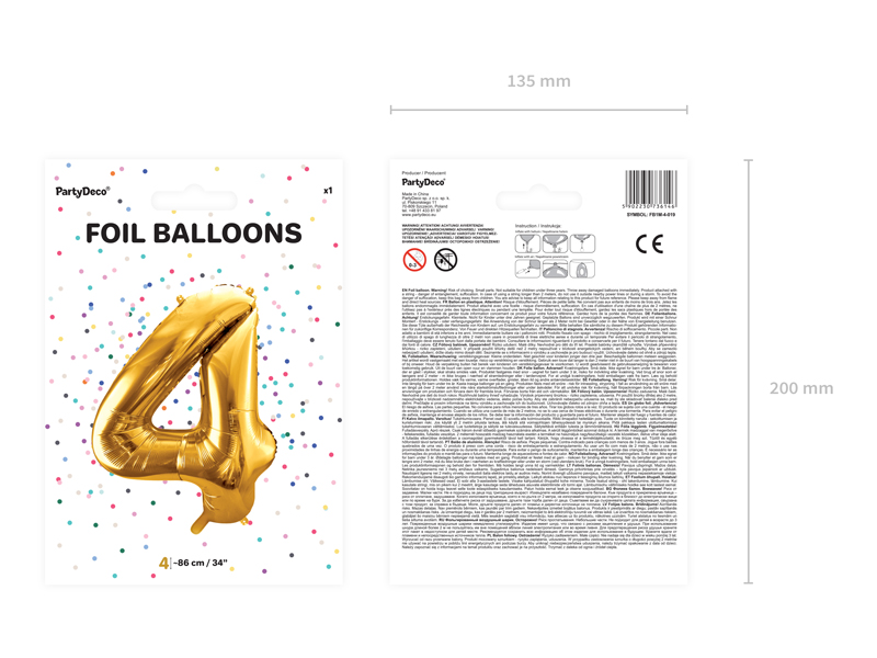 Balon foliowy Cyfra ''4'', 86cm, złoty - obrazek 4
