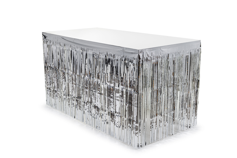 Skirting foliowy z frędzlami, srebrny, 300x80cm