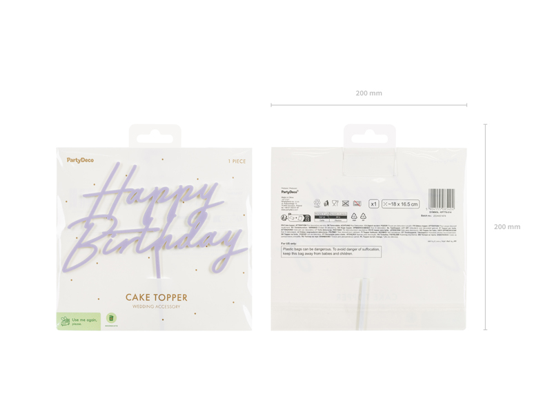 Topper akrylowy na tort Happy Birthday, fioletowy, 16.5 cm - obrazek 4