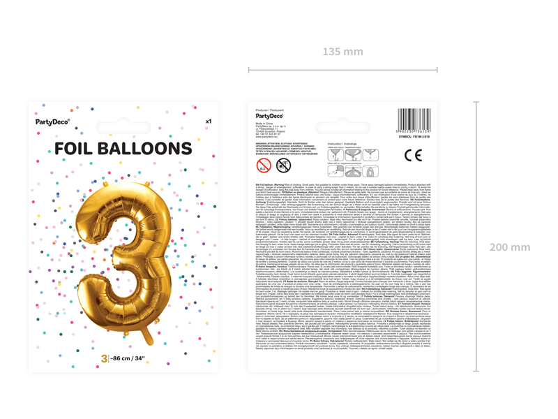 Balon foliowy Cyfra ''3'', 86cm, złoty - obrazek 4