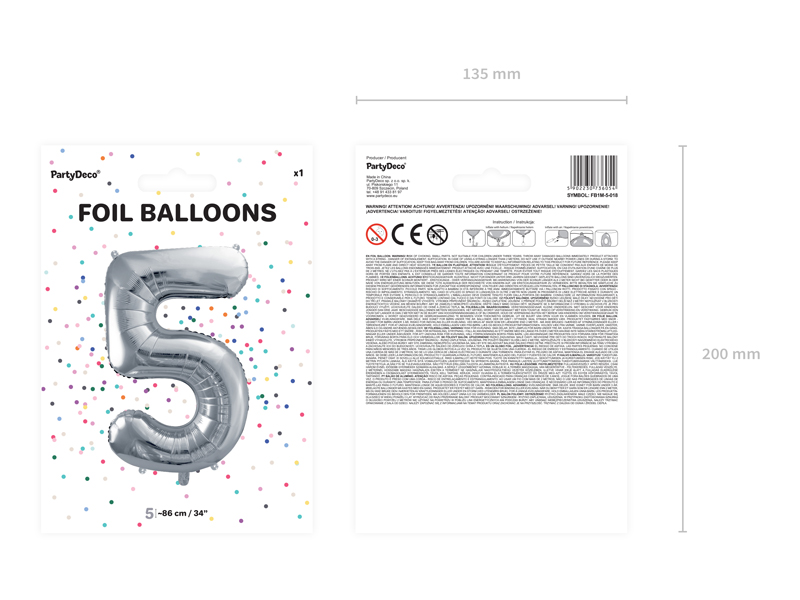 Balon foliowy Cyfra ''5'', 86cm, srebrny - obrazek 4